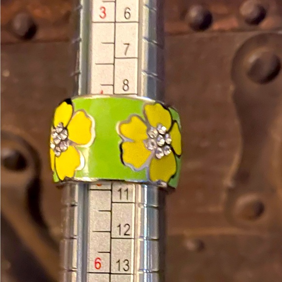 Jewelry - Stainless Steel Green Enamel Ring with Yellow Flowers and Crystals Size 5